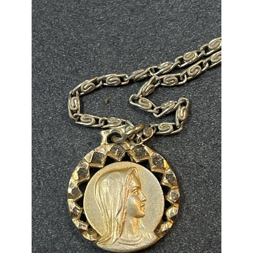 Vintage Catholic Virgin Mary Medal Necklace Sacred Heart Jesus Prayer Card